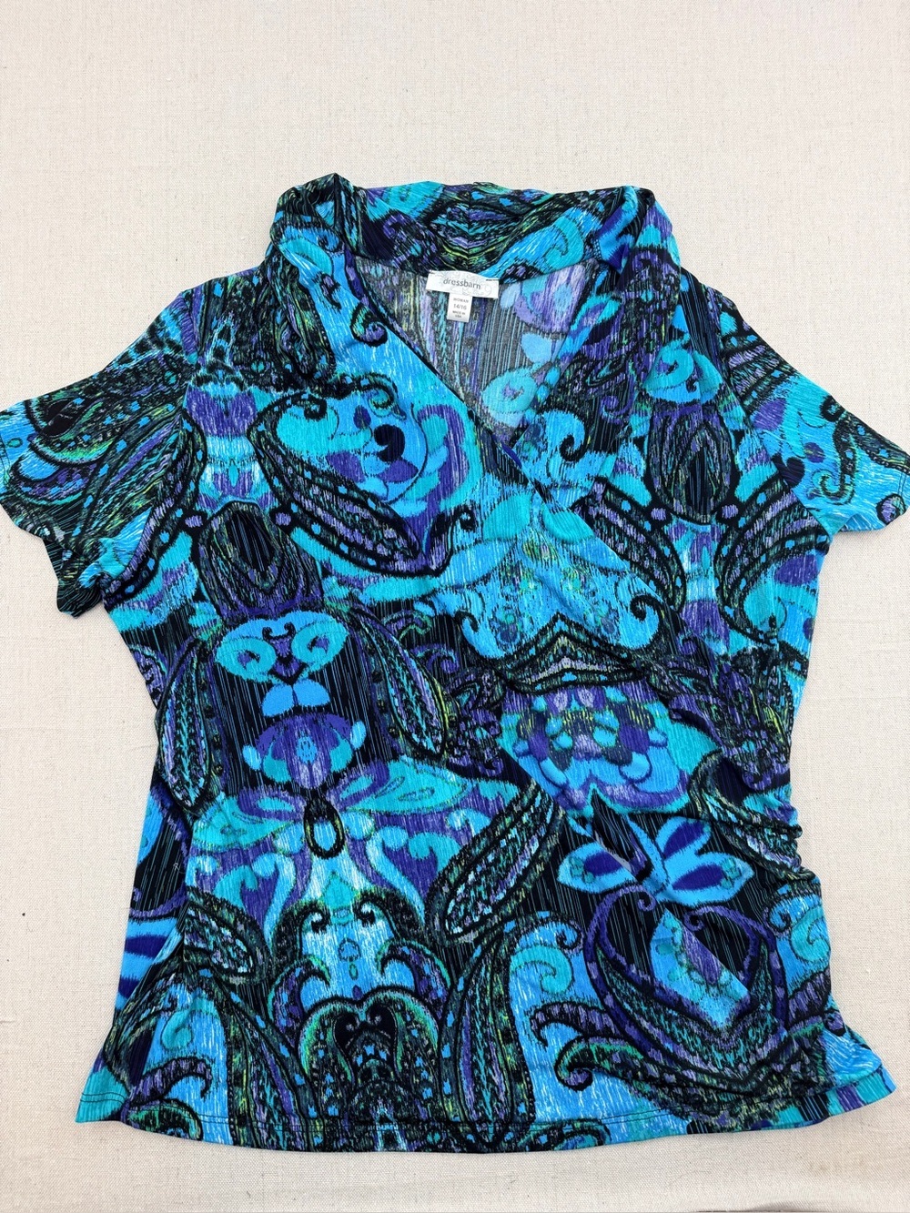 dressbarn Teal, Blue & Black Abstract Wrap Print Top